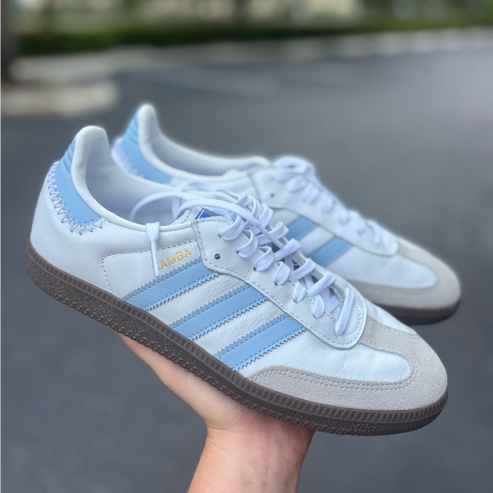 white & baby blue ADIDAS Sambas